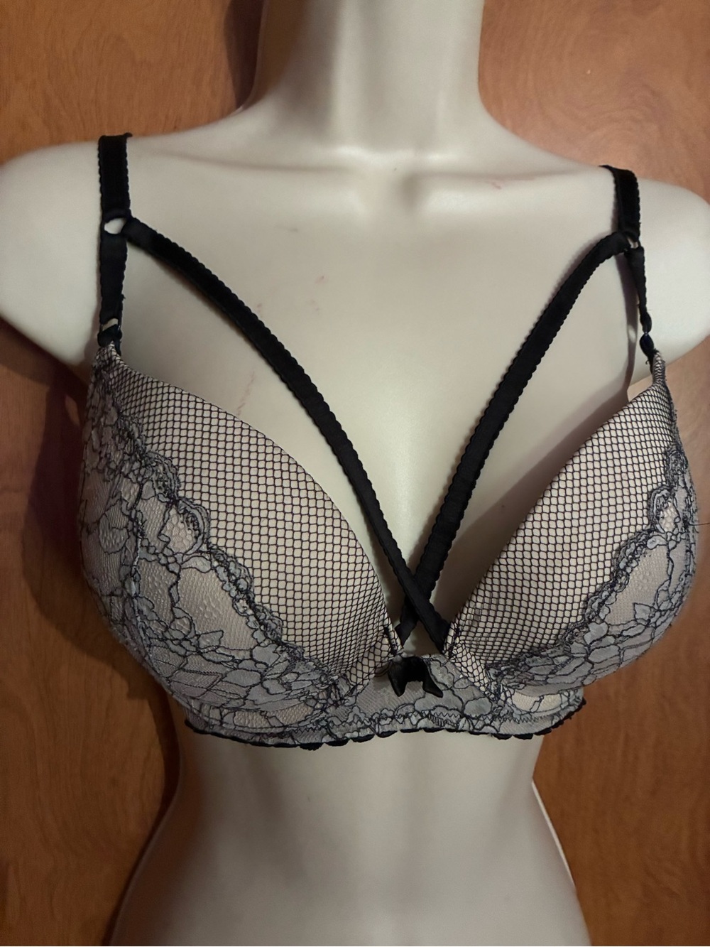 Nude and Black Lace Push-Up Bra with Strappy Detail
